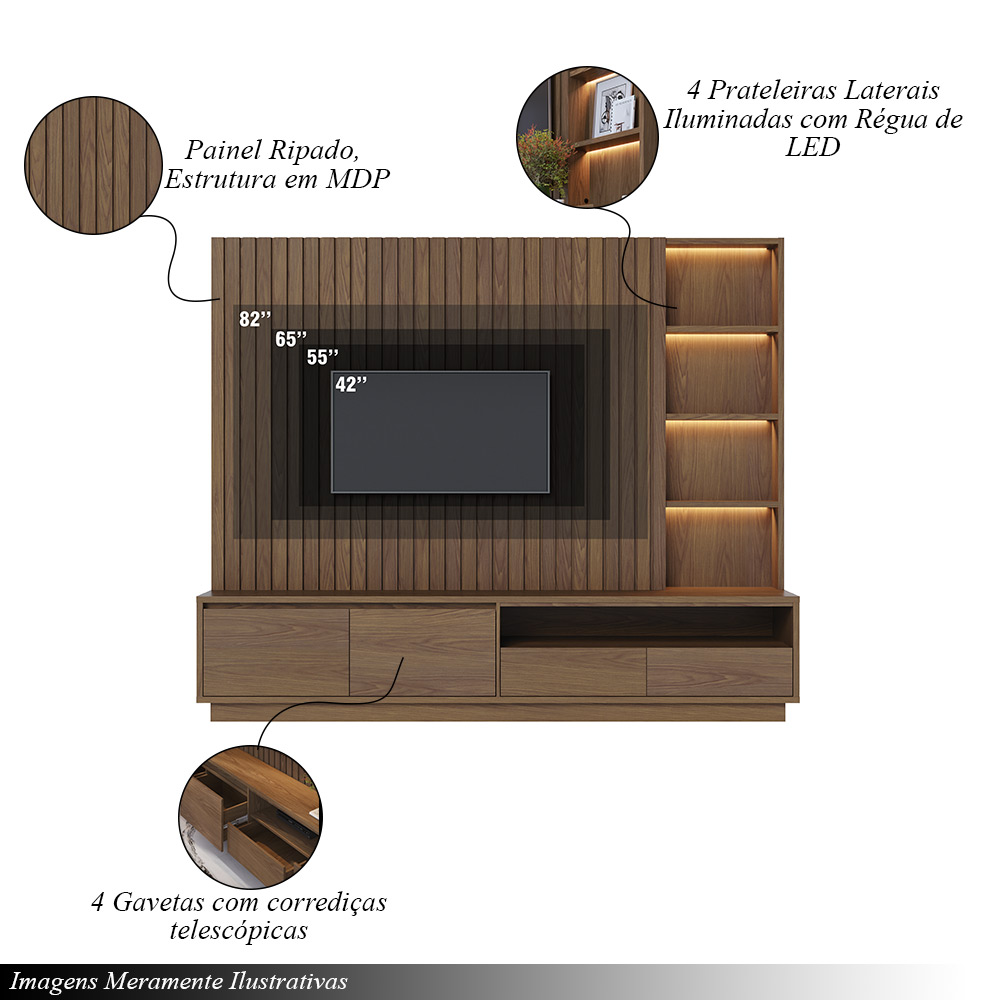 Home Estante Para TV 82 Monterrey Detalhe Ripado e Nichos com Led Amêndoa G73 - Gran Belo