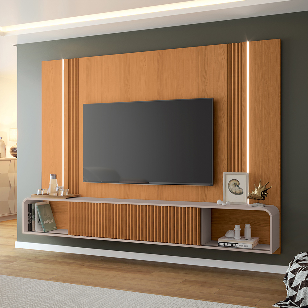 Home Suspenso Decorativo Rennes MDF/MDP c/LED para TV até 85 Polegadas Cinamomo/Off White G26 - Gran Belo