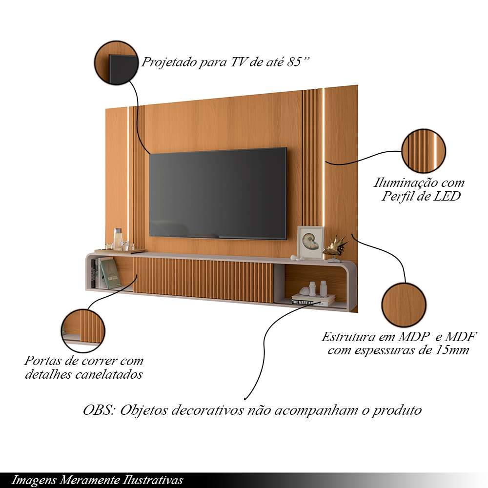 Home Suspenso Decorativo Rennes MDF/MDP c/LED para TV até 85 Polegadas Cinamomo/Off White G26 - Gran Belo