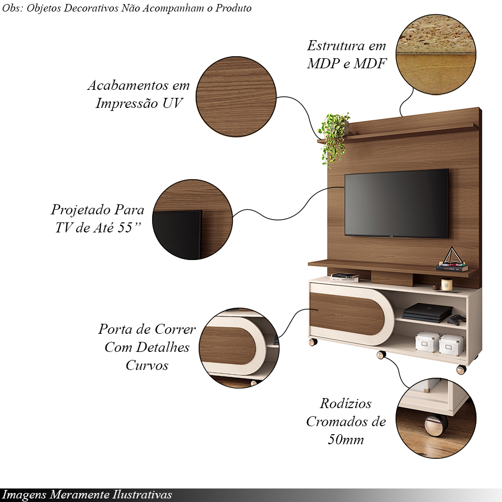 Home Theater Decorativo Globo c/Rodízios para TV até 55 Polegadas Castanho/Off White G26 - Gran Belo