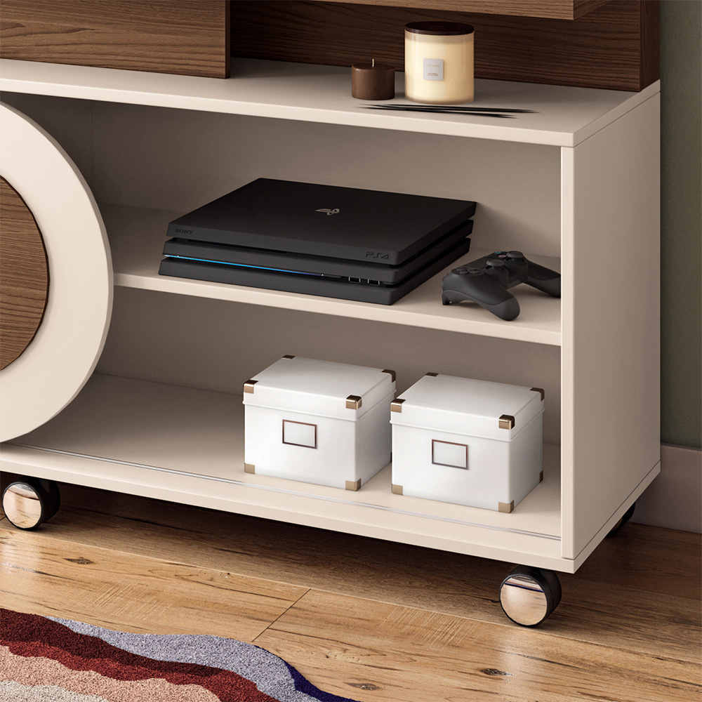 Home Theater Decorativo Globo c/Rodízios para TV até 55 Polegadas Castanho/Off White G26 - Gran Belo