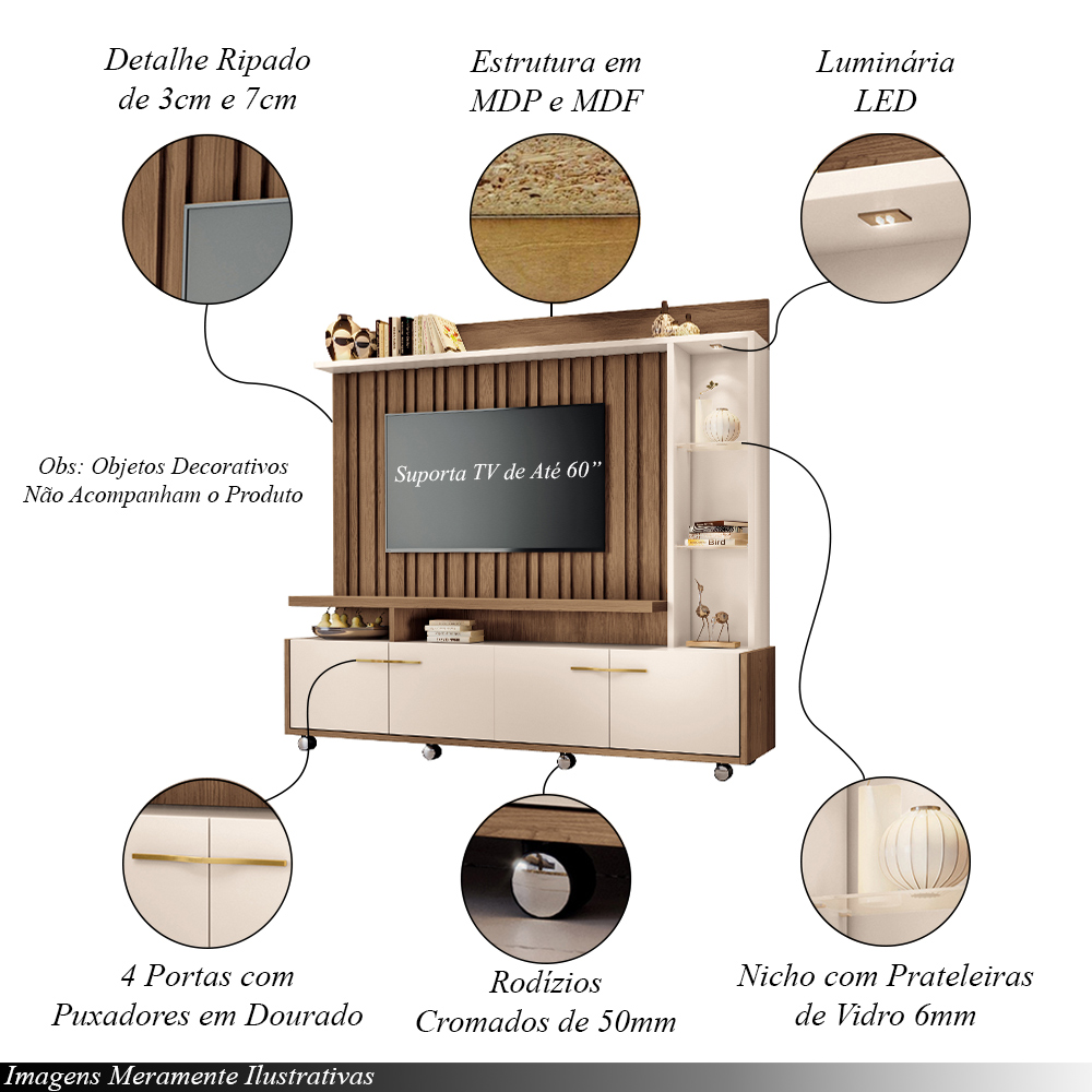 Home Theater Decorativo Perseu TV até 60" com LED Castanho/Off White  G26 - Gran Belo