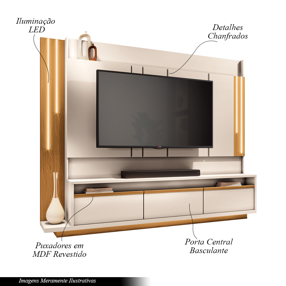 Home Theater Decorativo Punk para TV até 75" com LED Off White/Cinamomo G26 - Gran Belo