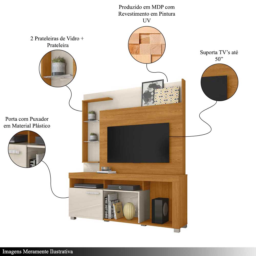 Home Theater Dedalo Prateleira em Vidro MDP até 50 Cinamomo/OffWhite G97 - Gran Belo