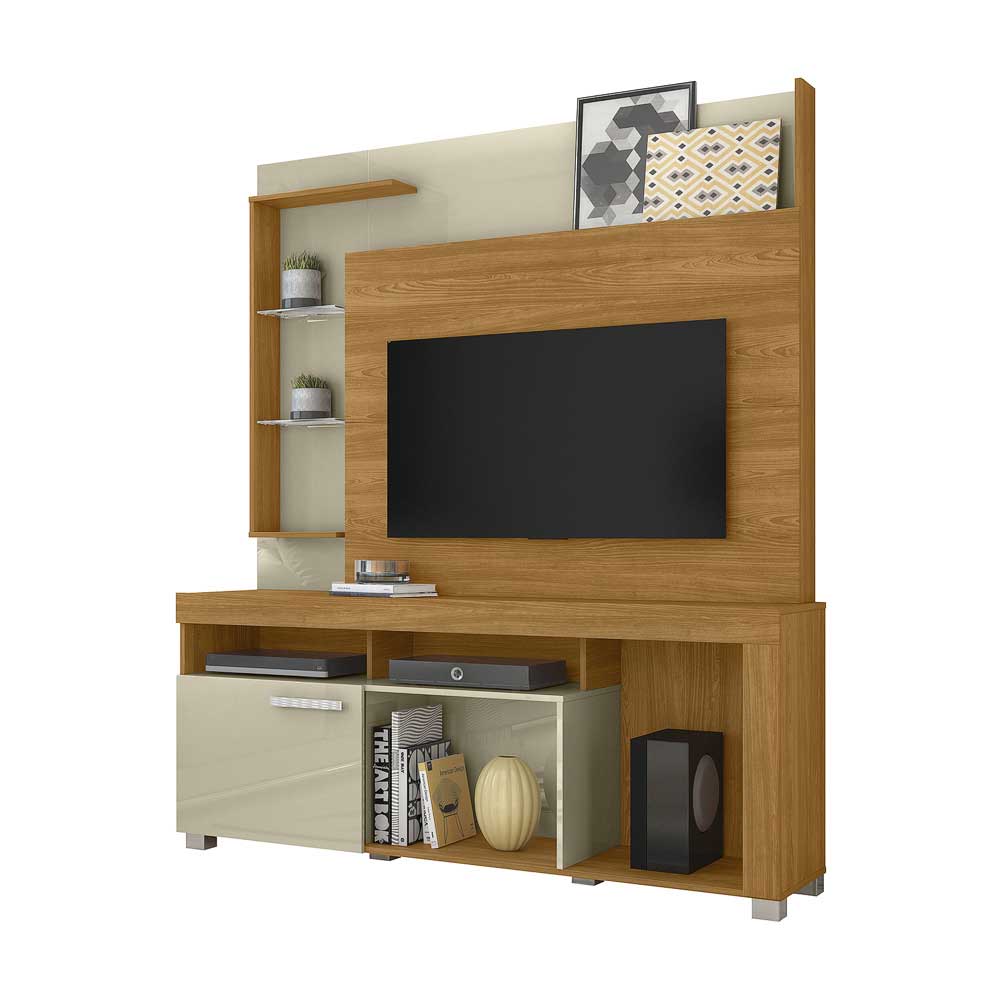 Home Theater Dedalo Prateleira em Vidro MDP até 50 Cumaru/Opala G97 - Gran Belo