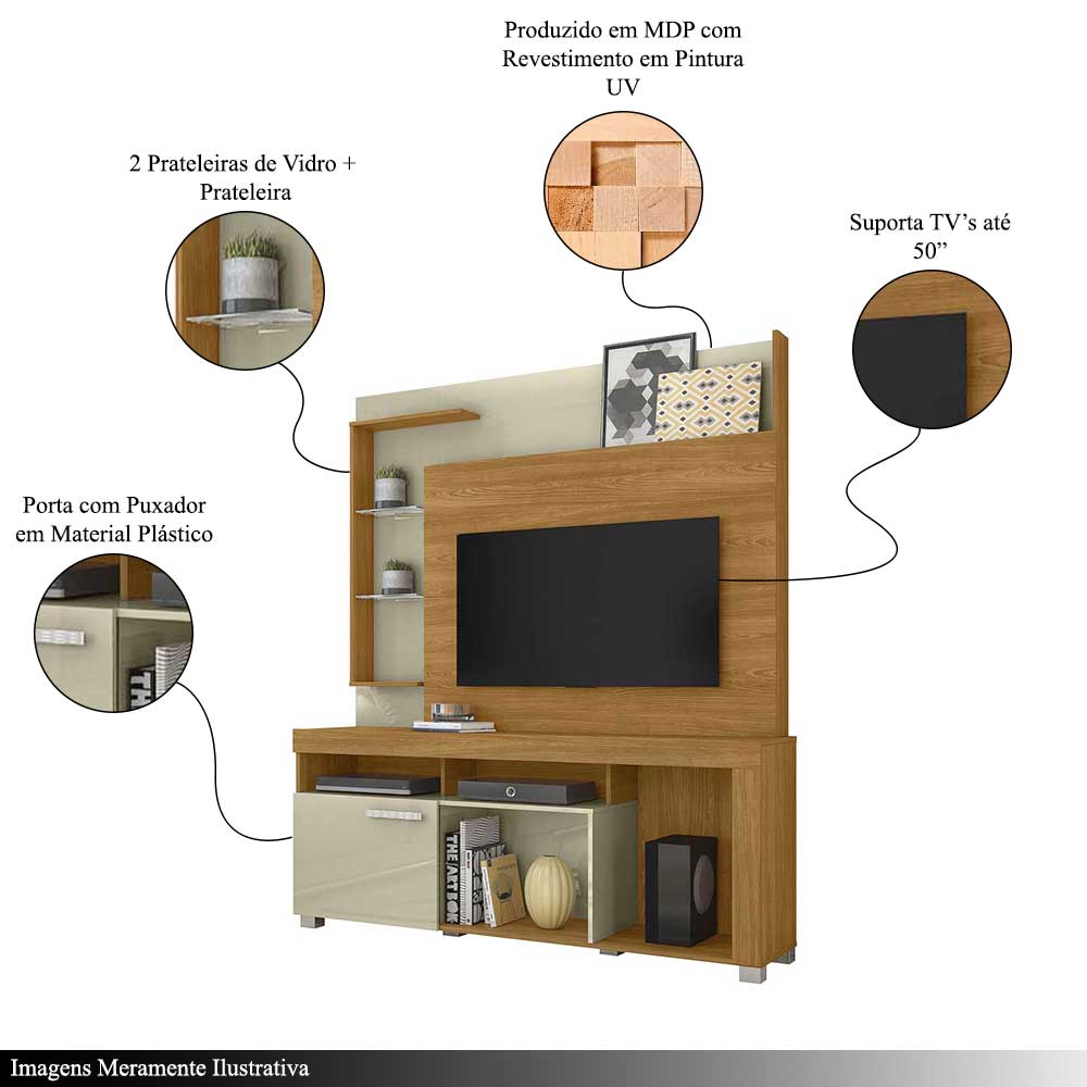 Home Theater Dedalo Prateleira em Vidro MDP até 50 Cumaru/Opala G97 - Gran Belo