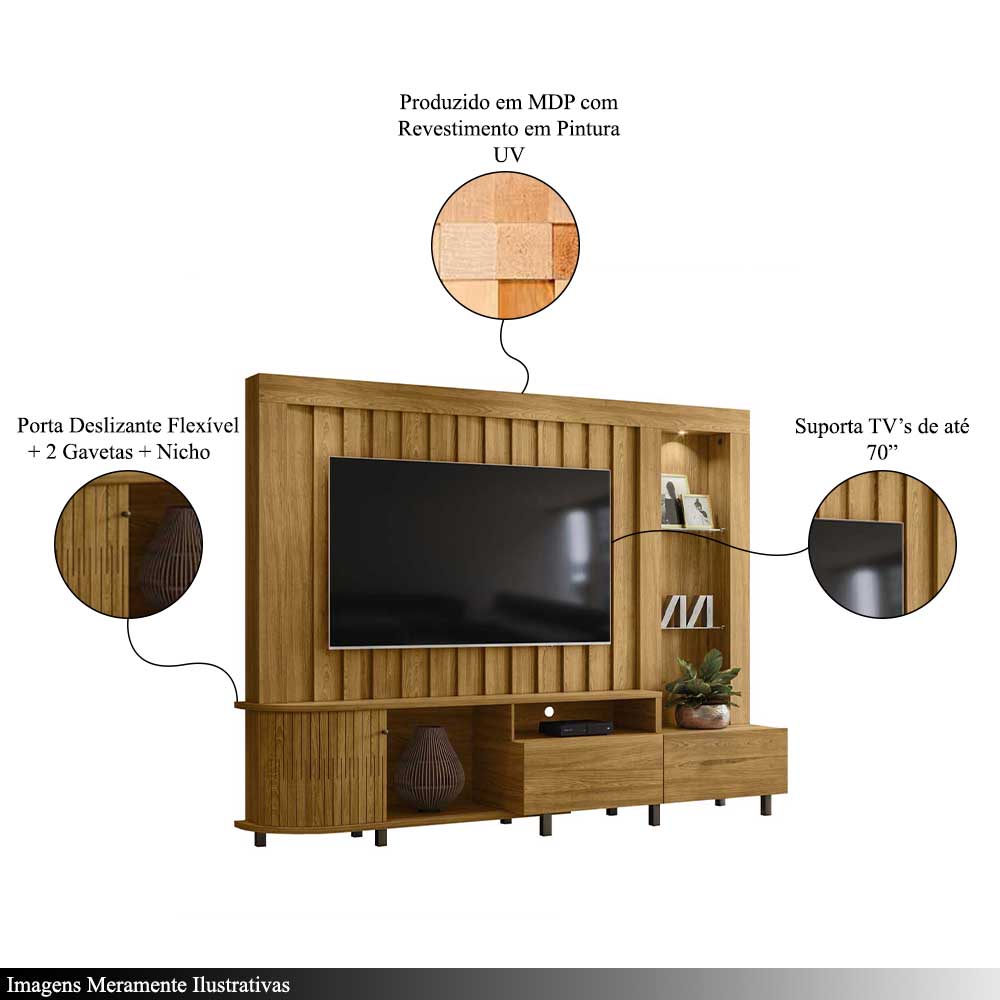 Home Theater Durand 2 Portas Deslizantes 4 Nichos MDP até 70 Cumaru G97 - Gran Belo