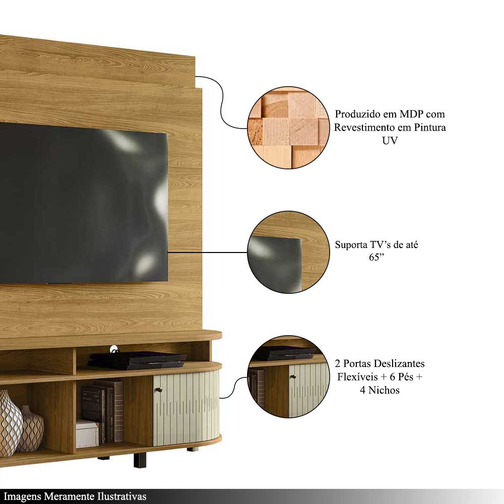 Home Theater Hanso 2 Portas Deslizantes 4 Nichos MDP até 65 Cumaru/Opala G97 - Gran Belo