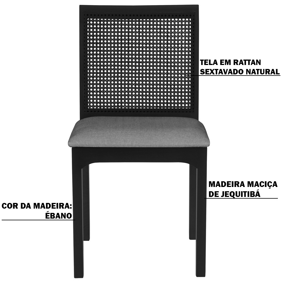 Kit 02 Cadeiras Sala de Jantar Madeira Maciça Steve Tela Rattan Sextavano Linho Cinza/Ébano G55 - Gran Belo