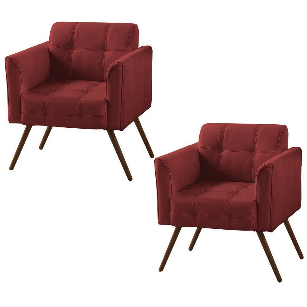 Kit 02 Poltronas Decorativa Bia Couro Vermelho G58 - Gran Belo
