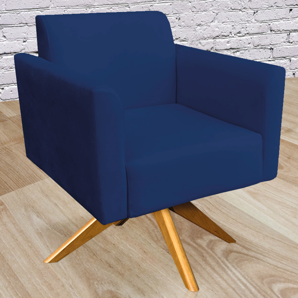 Kit 02 Poltronas Decorativas Isabella Base Giratória Madeira Suede Azul Marinho G19 - Gran Belo