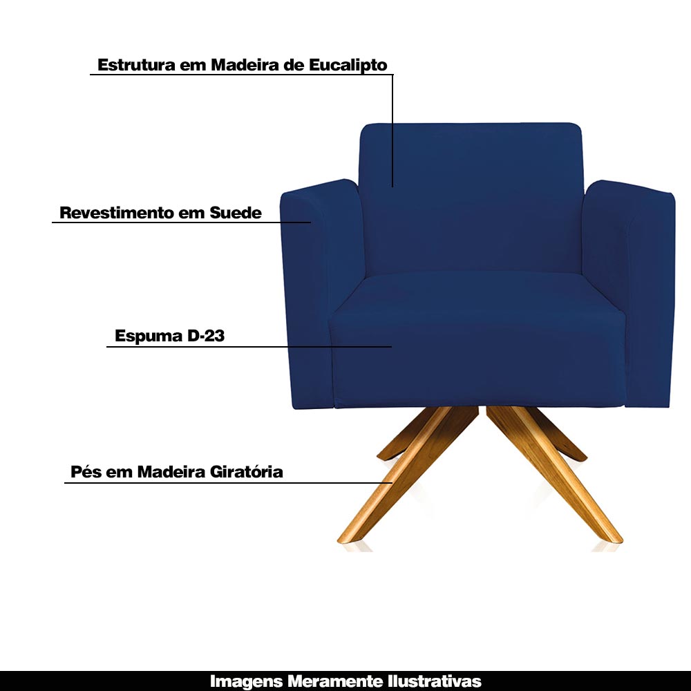 Kit 02 Poltronas Decorativas Isabella Base Giratória Madeira Suede Azul Marinho G19 - Gran Belo