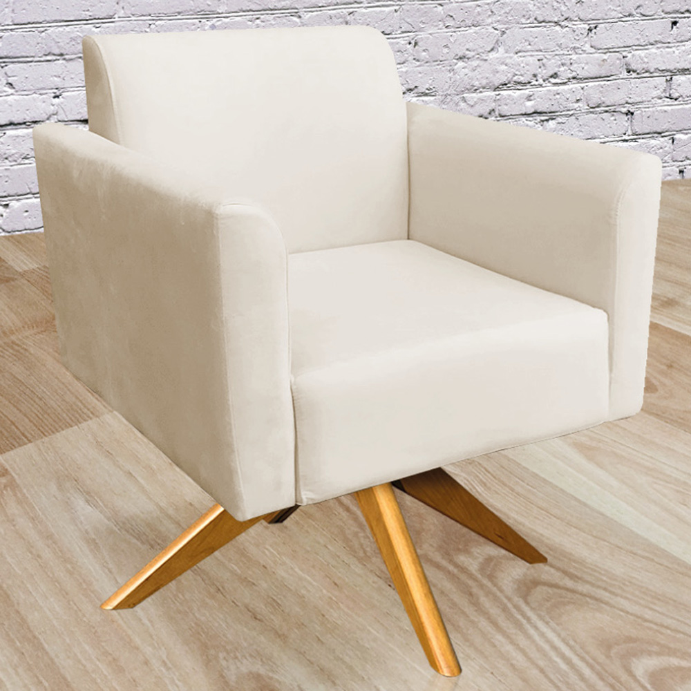 Kit 02 Poltronas Decorativas Isabella Base Giratória Madeira Suede Bege G19 - Gran Belo