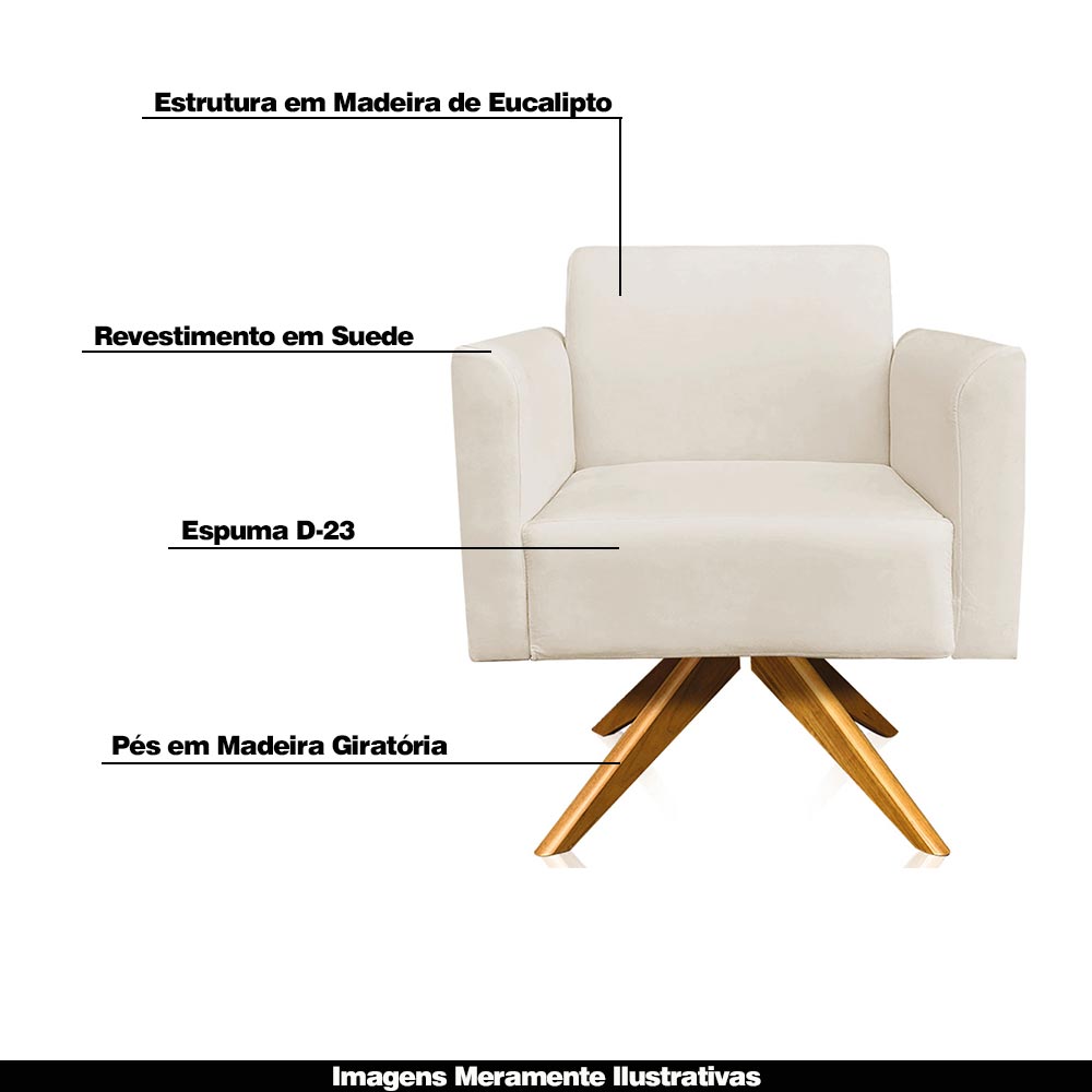Kit 02 Poltronas Decorativas Isabella Base Giratória Madeira Suede Bege G19 - Gran Belo