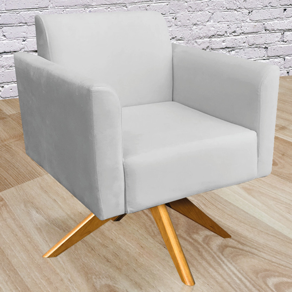 Kit 02 Poltronas Decorativas Isabella Base Giratória Madeira Suede Cinza G19 - Gran Belo