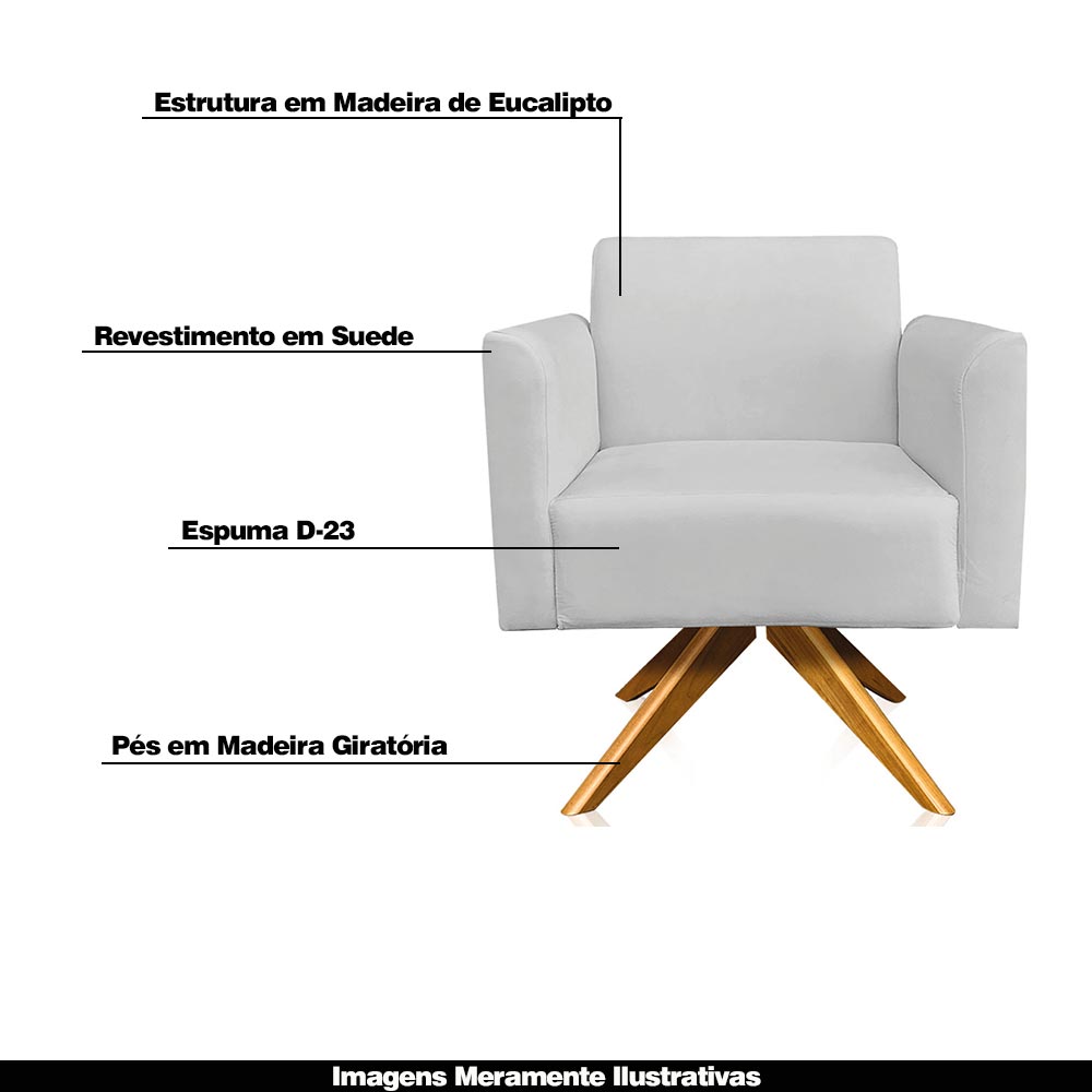 Kit 02 Poltronas Decorativas Isabella Base Giratória Madeira Suede Cinza G19 - Gran Belo
