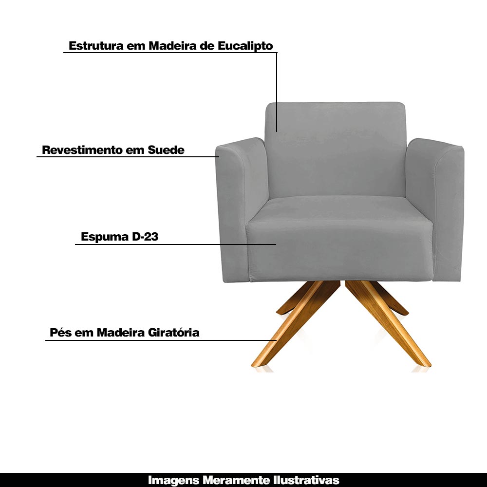 Kit 02 Poltronas Decorativas Isabella Base Giratória Madeira Suede Grafite G19 - Gran Belo