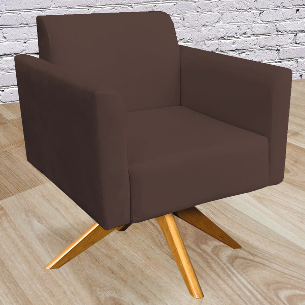 Kit 02 Poltronas Decorativas Isabella Base Giratória Madeira Suede Marrom G19 - Gran Belo