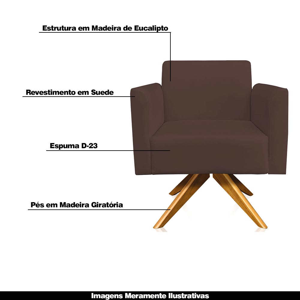 Kit 02 Poltronas Decorativas Isabella Base Giratória Madeira Suede Marrom G19 - Gran Belo