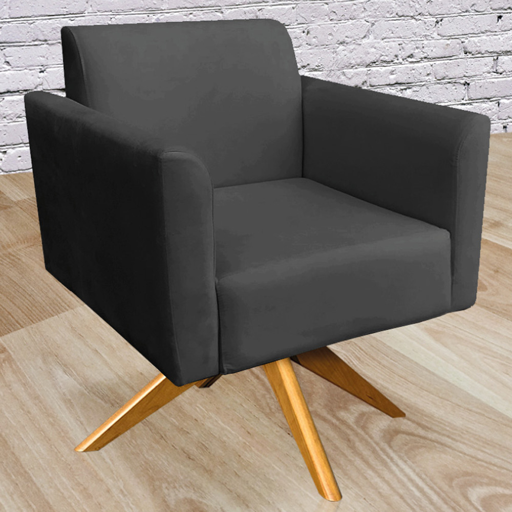 Kit 02 Poltronas Decorativas Isabella Base Giratória Madeira Suede Preto G19 - Gran Belo