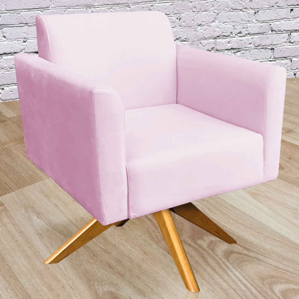 Kit 02 Poltronas Decorativas Isabella Base Giratória Madeira Suede Rosa Bebê G19 - Gran Belo