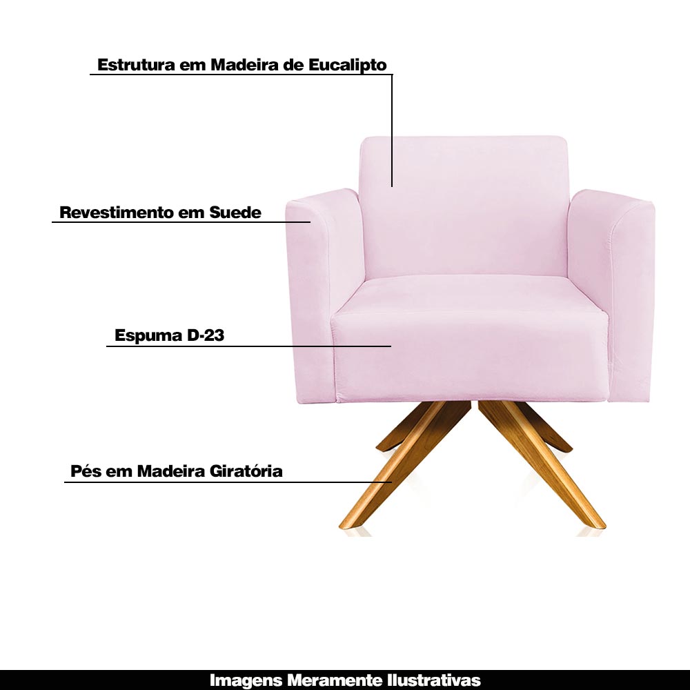 Kit 02 Poltronas Decorativas Isabella Base Giratória Madeira Suede Rosa Bebê G19 - Gran Belo
