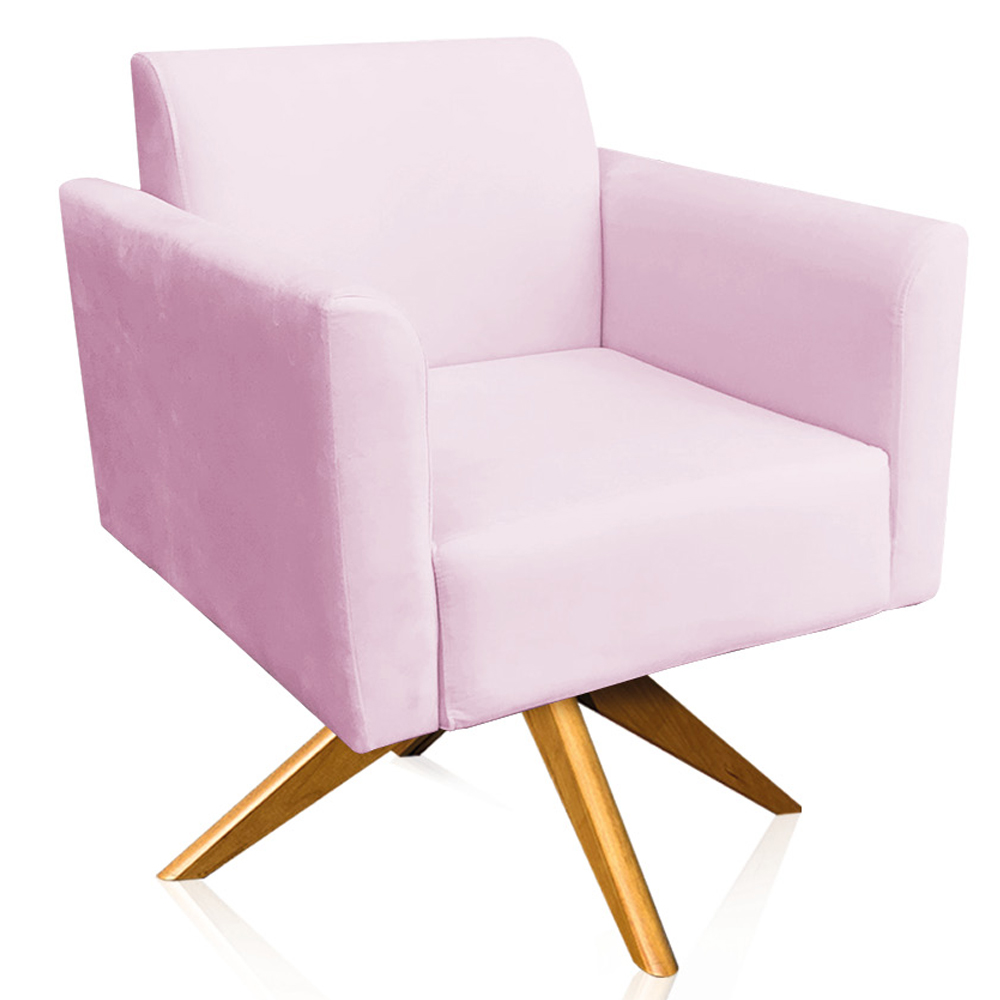 Kit 02 Poltronas Decorativas Isabella Base Giratória Madeira Suede Rosa Bebê G19 - Gran Belo