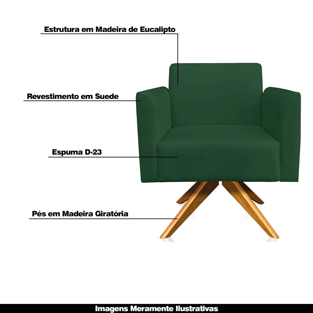 Kit 02 Poltronas Decorativas Isabella Base Giratória Madeira Suede Verde G19 - Gran Belo