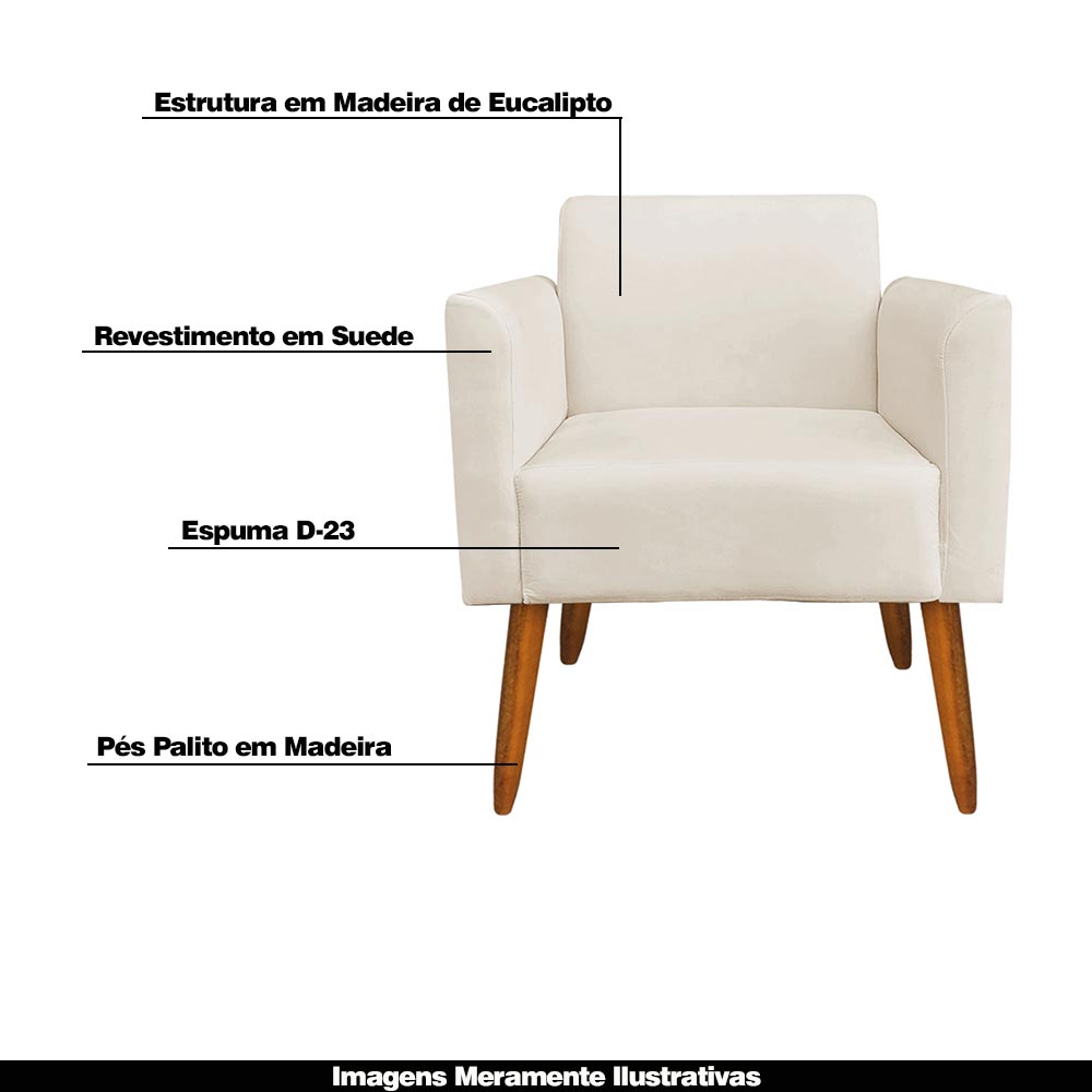Kit 02 Poltronas Decorativas Isabella Pés Palito Madeira Suede Bege G19 - Gran Belo