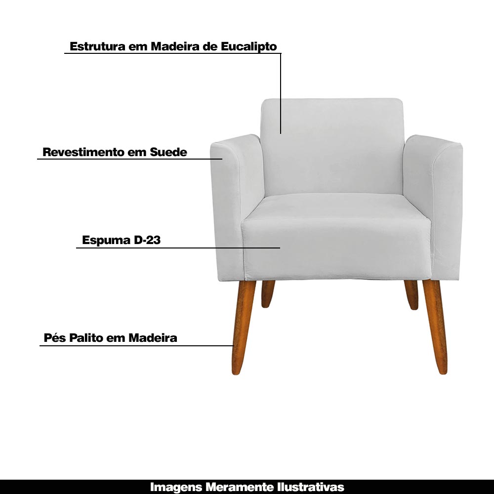 Kit 02 Poltronas Decorativas Isabella Pés Palito Madeira Suede Cinza G19 - Gran Belo