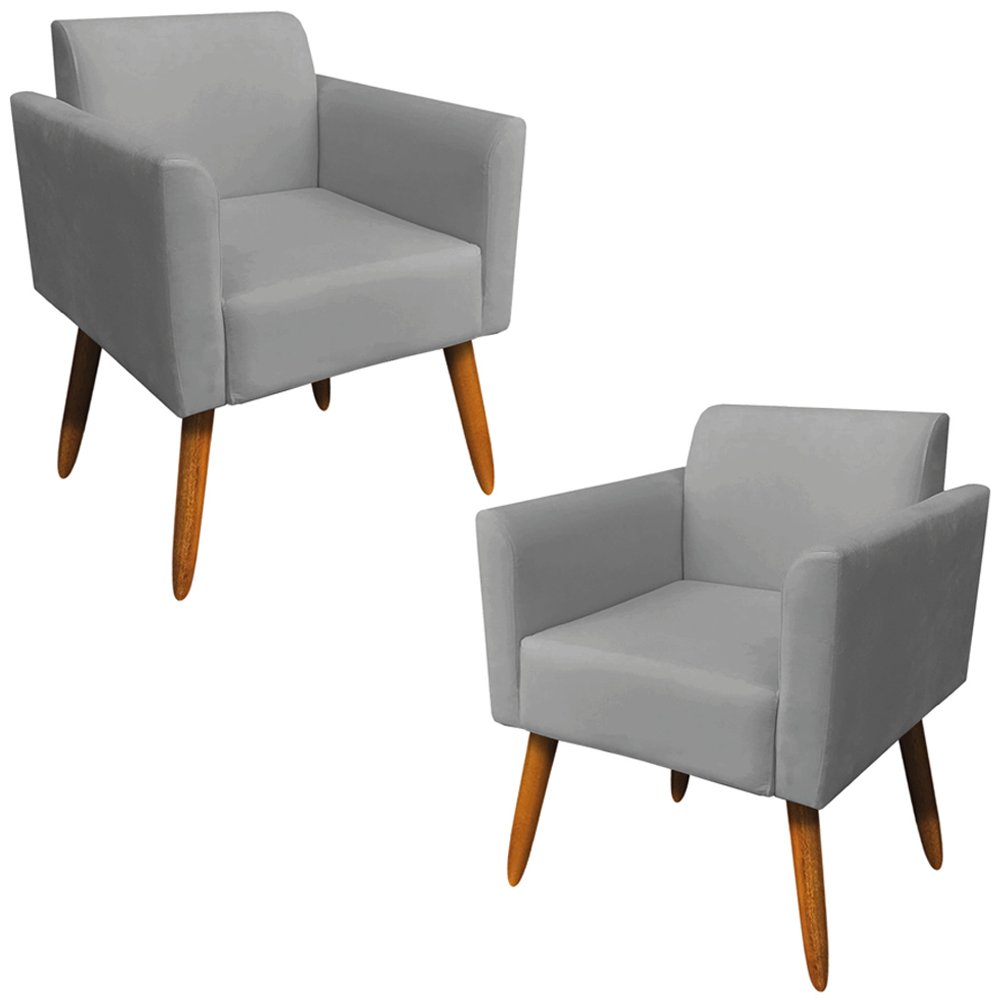 Kit 02 Poltronas Decorativas Isabella Pés Palito Madeira Suede Grafite G19 - Gran Belo