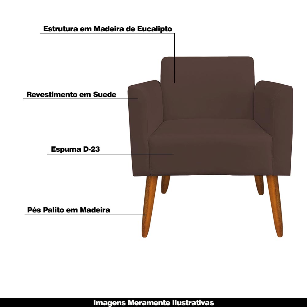Kit 02 Poltronas Decorativas Isabella Pés Palito Madeira Suede Marrom G19 - Gran Belo