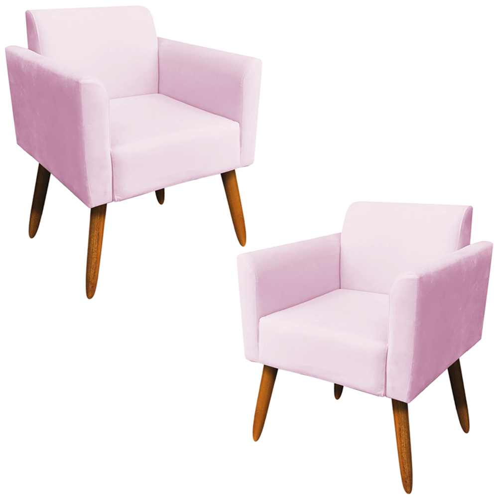 Kit 02 Poltronas Decorativas Isabella Pés Palito Madeira Suede Rosa Bebê G19 - Gran Belo