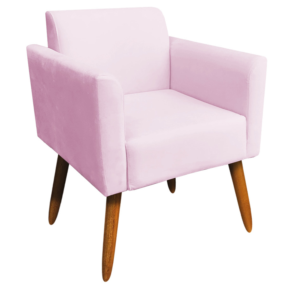 Kit 02 Poltronas Decorativas Isabella Pés Palito Madeira Suede Rosa Bebê G19 - Gran Belo