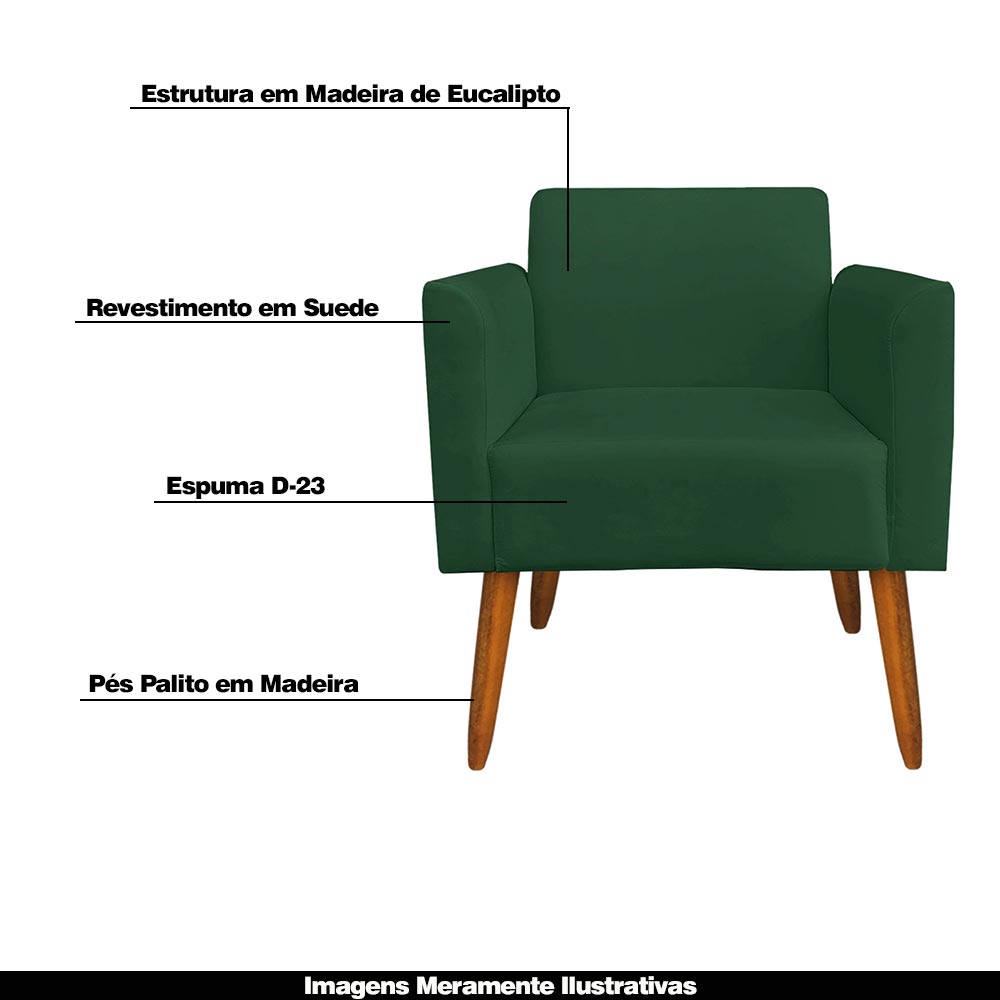Kit 02 Poltronas Decorativas Isabella Pés Palito Madeira Suede Verde G19 - Gran Belo