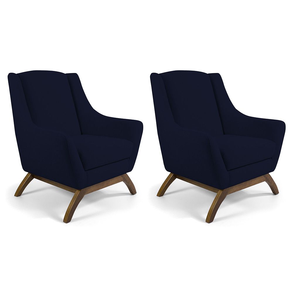 Kit 02 Poltronas Decorativas Sala de Estar Base de Madeira Naomi Veludo Azul Marinho G15 - Gran Belo