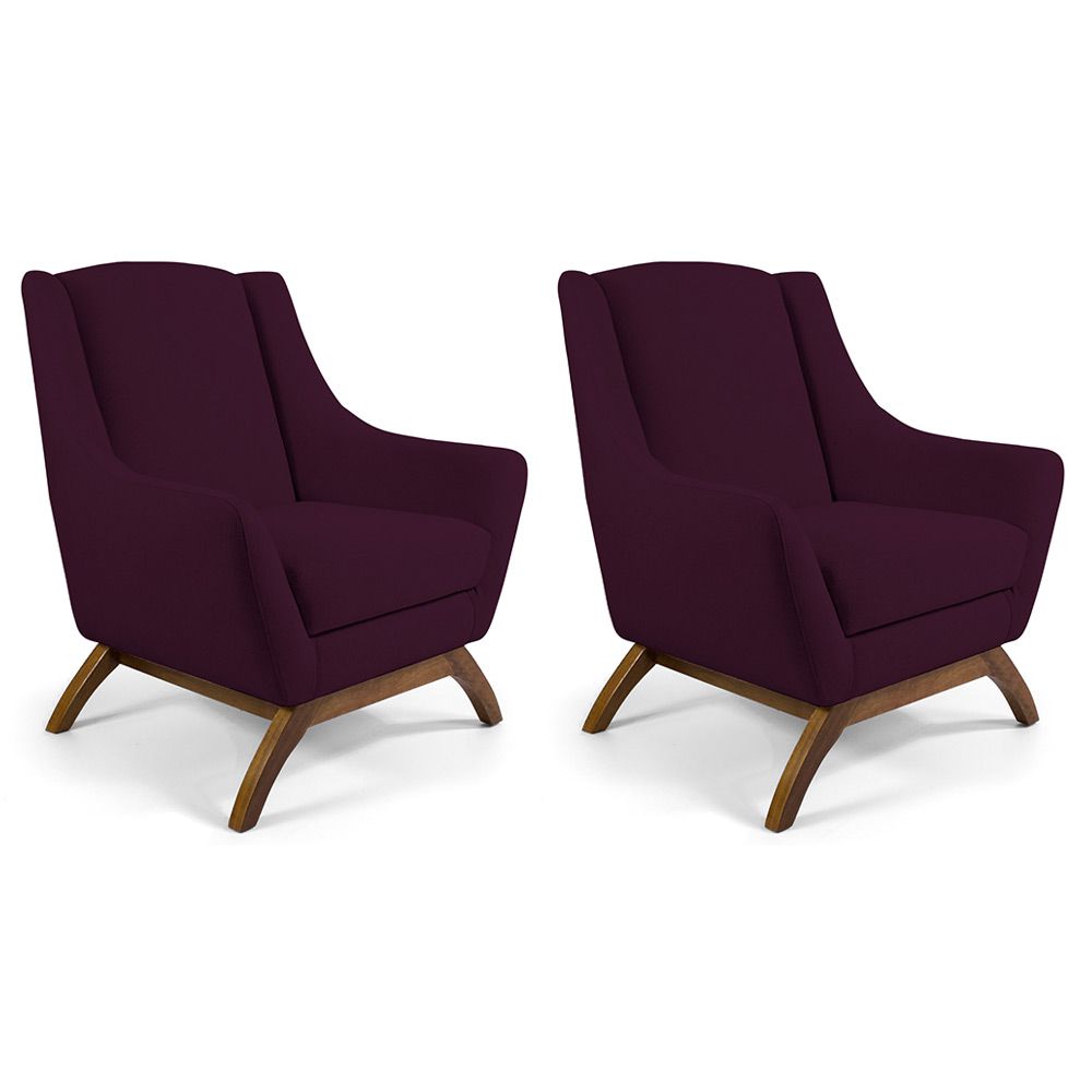 Kit 02 Poltronas Decorativas Sala de Estar Base de Madeira Naomi Veludo Roxo Grape G15 - Gran Belo