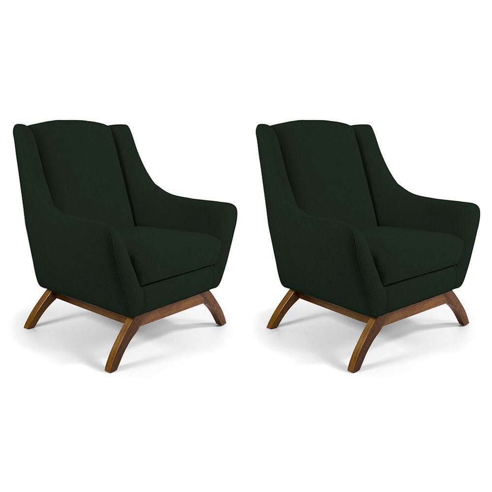 Kit 02 Poltronas Decorativas Sala de Estar Base de Madeira Naomi Veludo Verde Musgo - Gran Belo