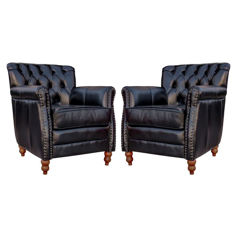 Kit 02 Poltronas Decorativas Sala de Estar Níger Pés Madeira Couro Preto G58 - Gran Belo