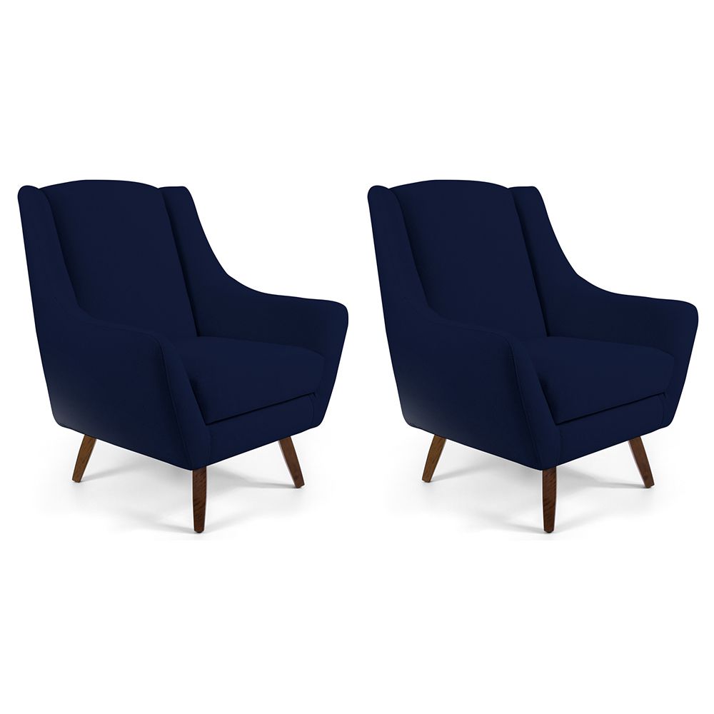 Kit 02 Poltronas Decorativas Sala de Estar Pés de Madeira Naomi Veludo Azul Marinho G15 - Gran Belo