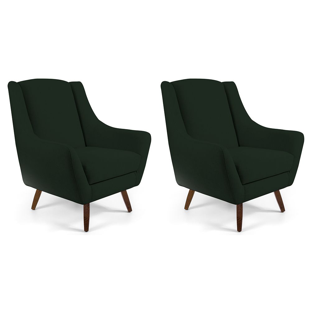 Kit 02 Poltronas Decorativas Sala de Estar Pés de Madeira Naomi Veludo Verde Musgo G15 - Gran Belo