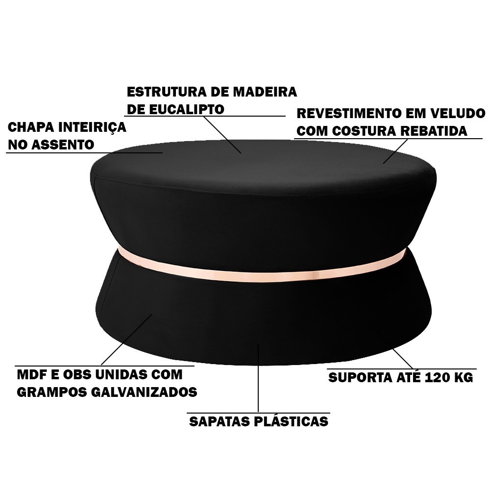 Kit 02 Puffs Decorativo Sala de Estar 95cm Dhaka Veludo Preto G15 - Gran Belo