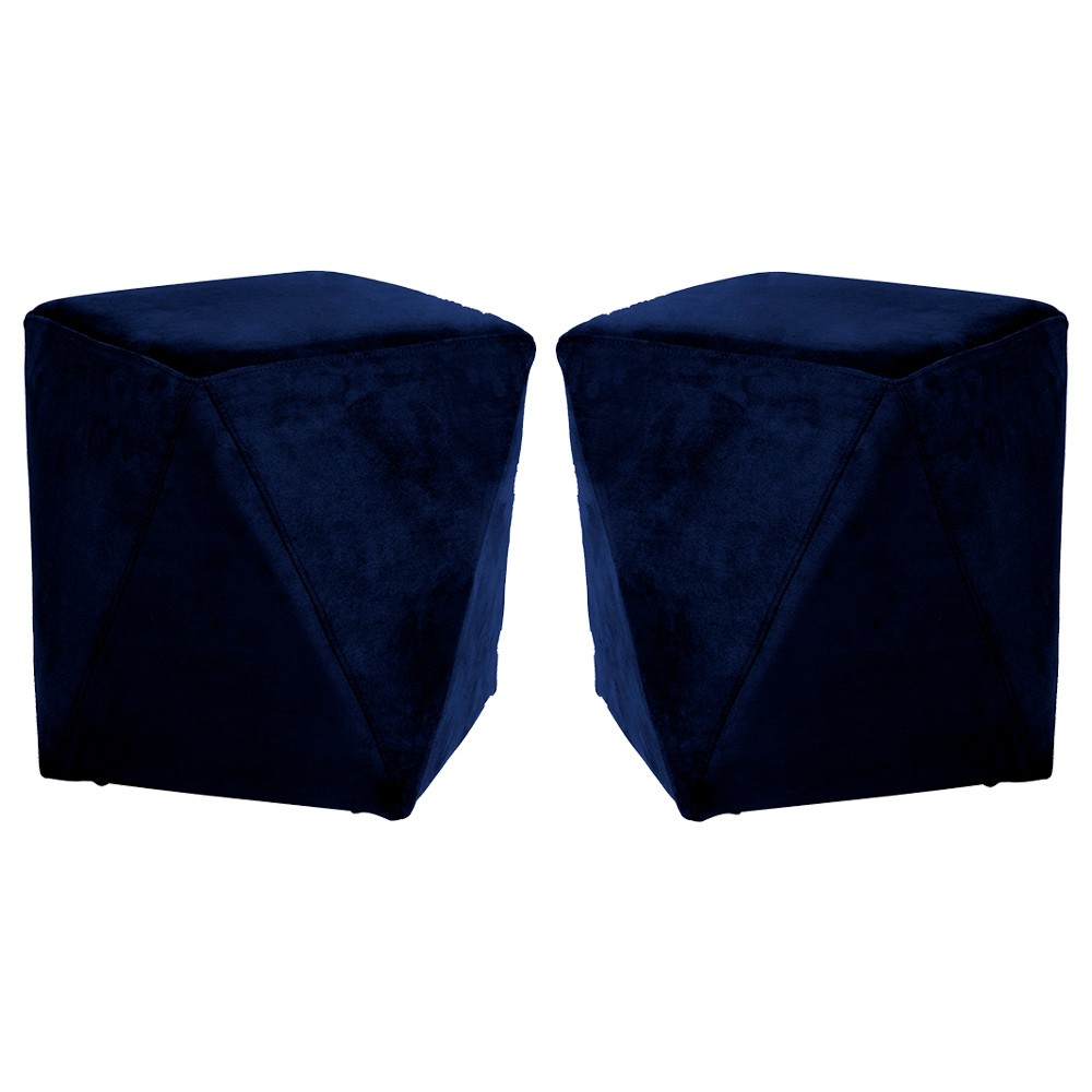 Kit 02 Puffs Decorativo Sala de Estar Blois Veludo Azul Marinho G15 - Gran Belo