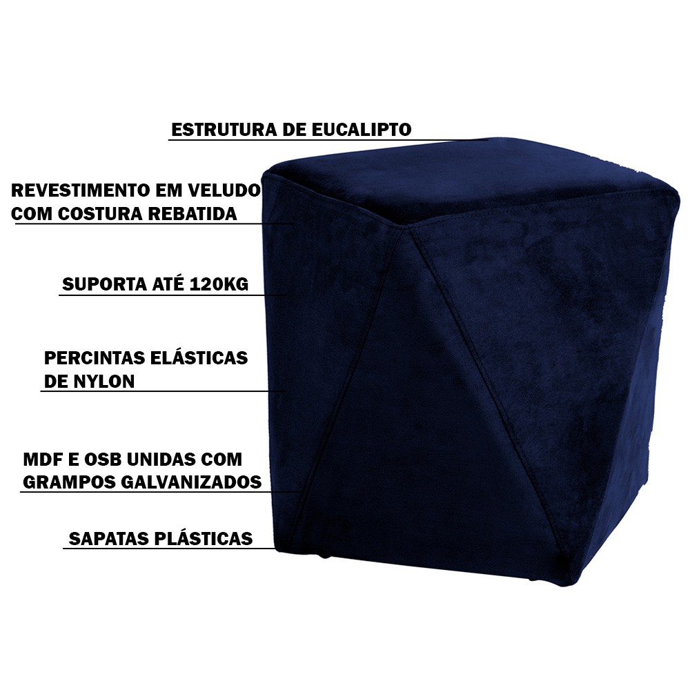Kit 02 Puffs Decorativo Sala de Estar Blois Veludo Azul Marinho G15 - Gran Belo