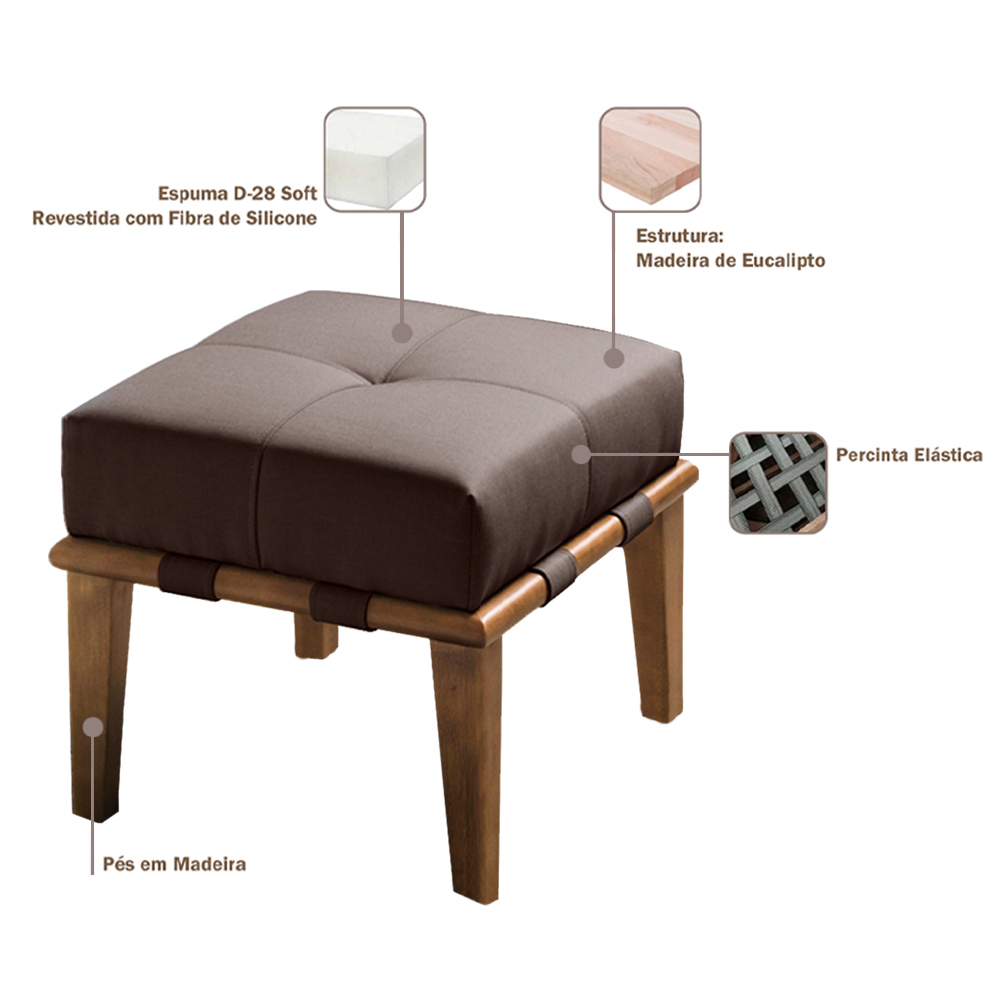 Kit 02 Puffs Decorativos 45cm Martínez Linho Pés Madeira Marrom/Natural G62 - Gran Belo
