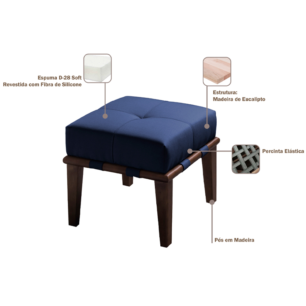 Kit 02 Puffs Decorativos 45cm Martínez Veludo Pés Madeira Azul/Imbúia G62 - Gran Belo