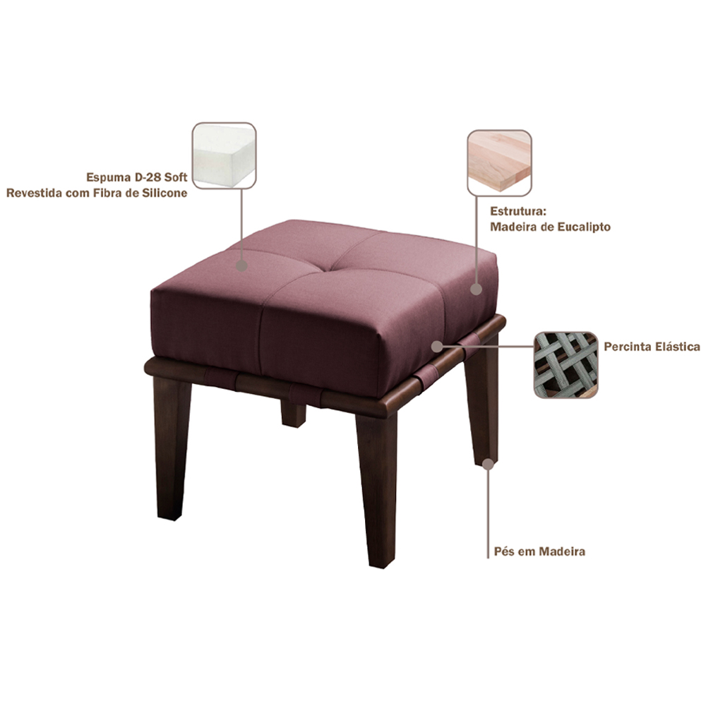 Kit 02 Puffs Decorativos 45cm Martínez Veludo Pés Madeira Rosa/Imbúia G62 - Gran Belo