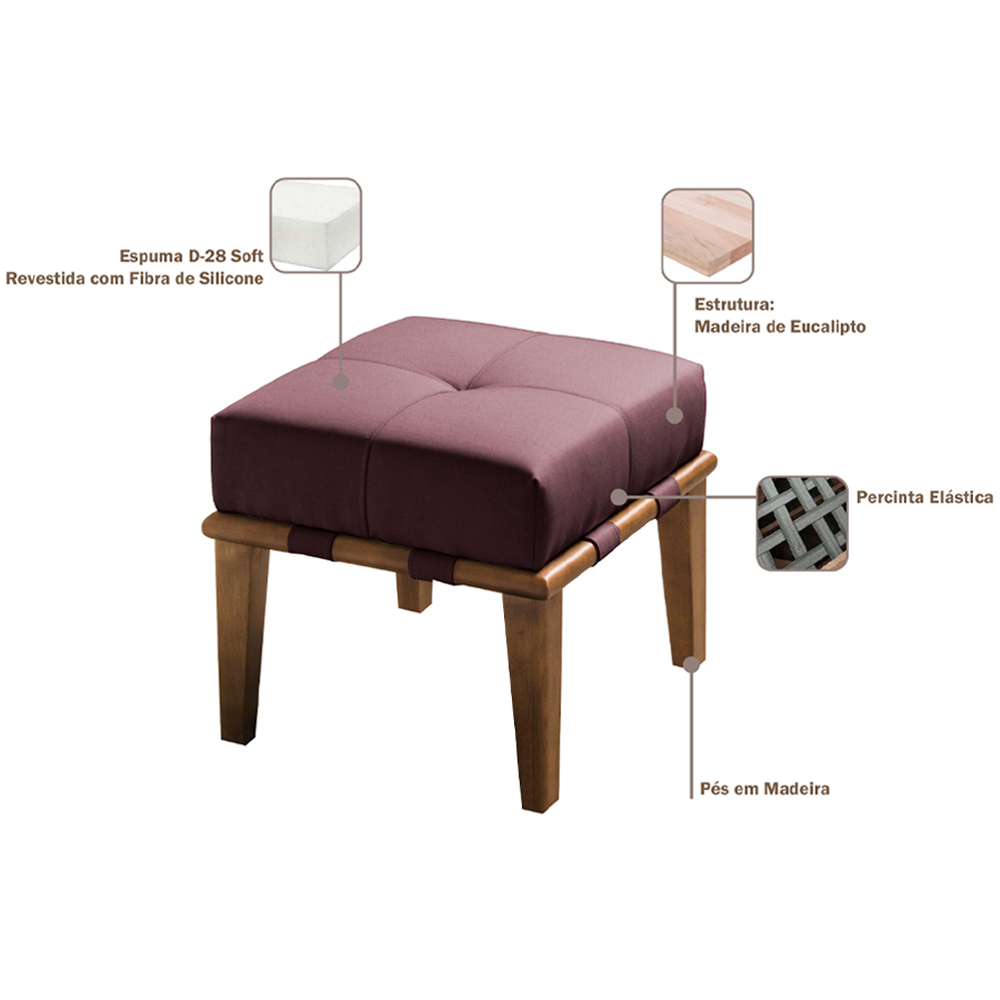 Kit 02 Puffs Decorativos 45cm Martínez Veludo Pés Madeira Rosa/Mel G62 - Gran Belo