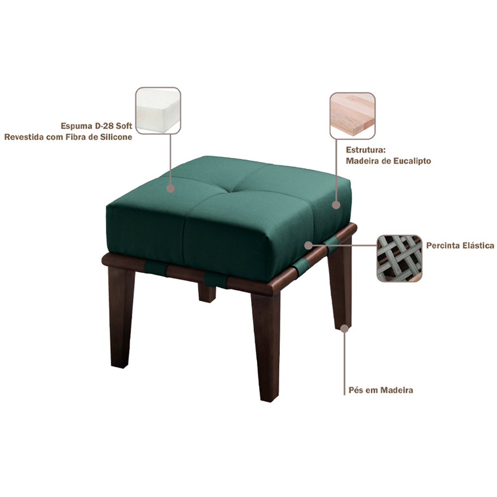 Kit 02 Puffs Decorativos 45cm Martínez Veludo Pés Madeira Verde/Imbúia G62 - Gran Belo