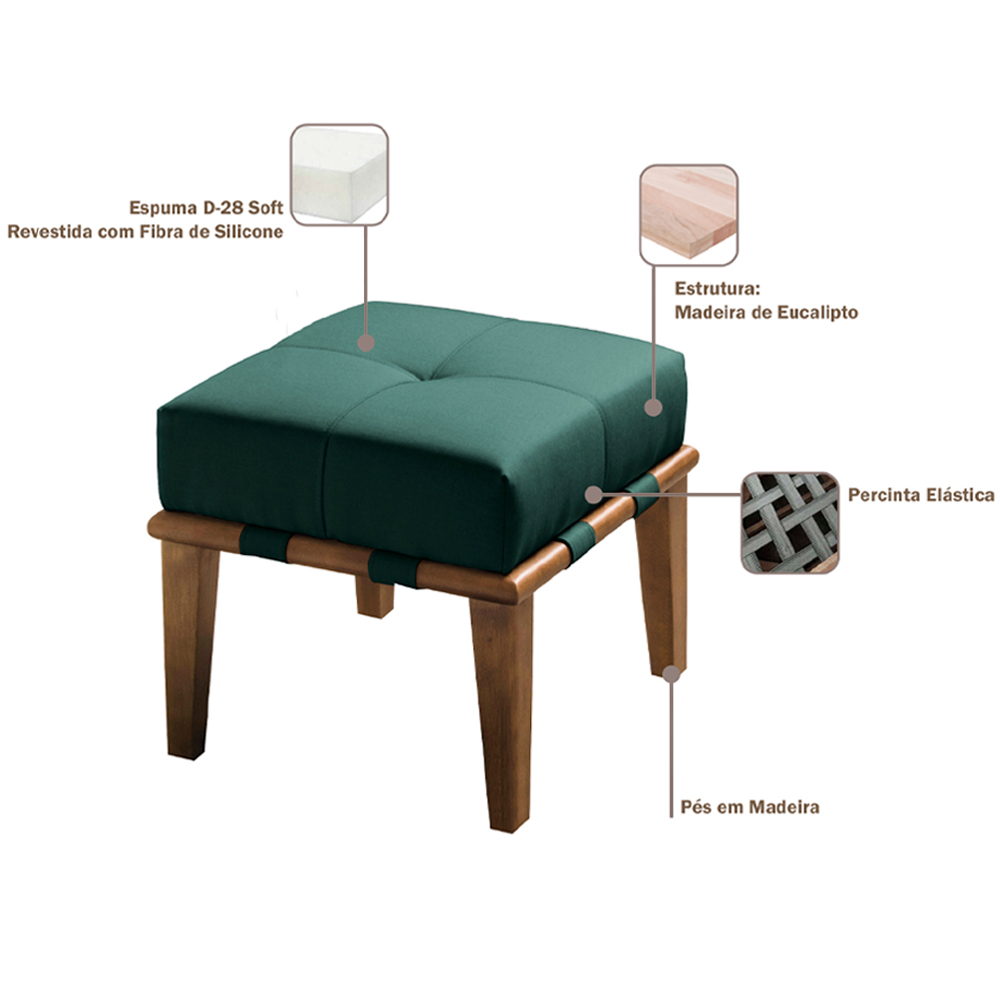 Kit 02 Puffs Decorativos 45cm Martínez Veludo Pés Madeira Verde/Mel G62 - Gran Belo
